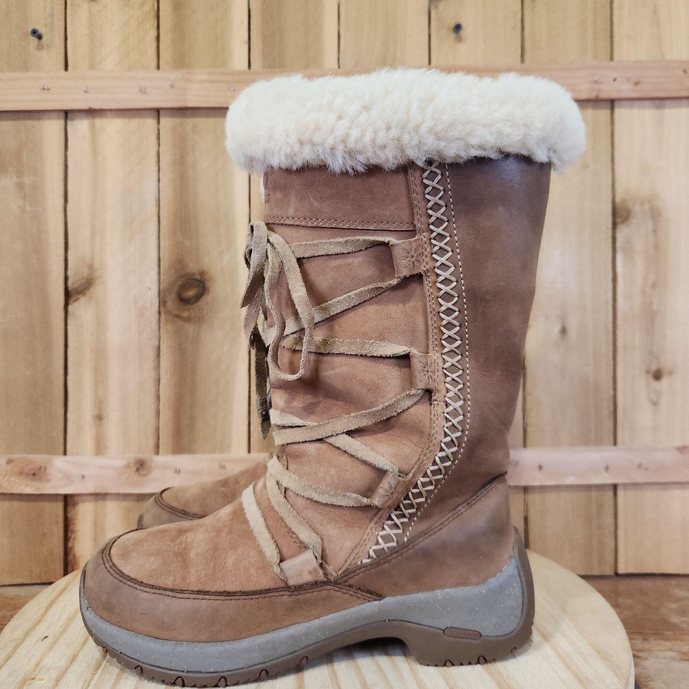 Ulu Turin Apres Snow Boots Womens 6 Brown Leather Fur Lined Lace Up Winter